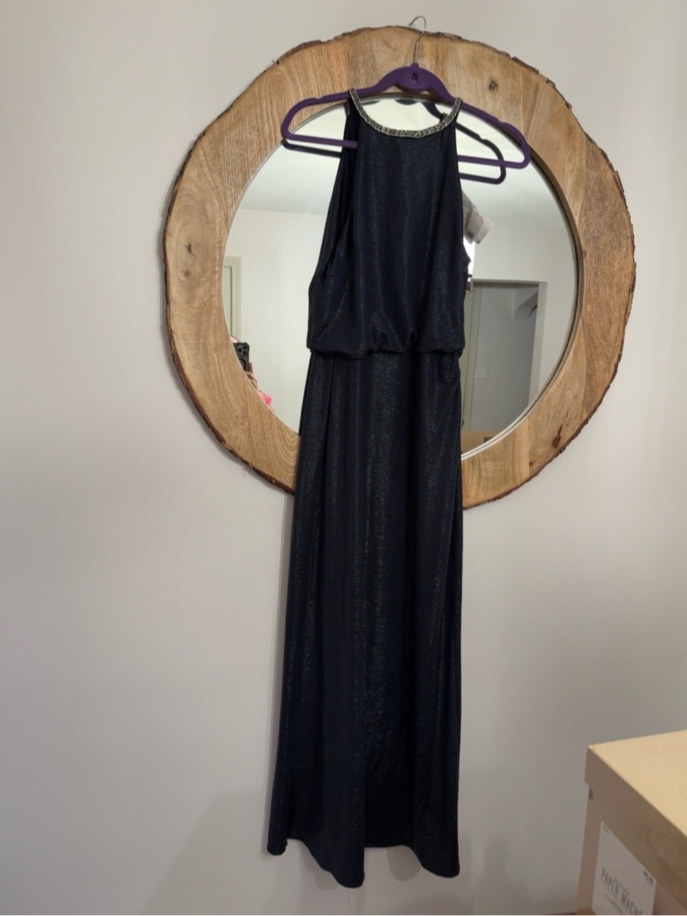 Elegant navy blue sleeveless dress beaded neckline maxi shimmer material